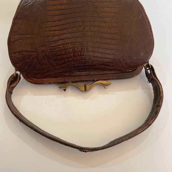 Vintage Genuine Brown Lizard Reptile Skin Leather Handbag Purse Satchel - Picture 7 of 7